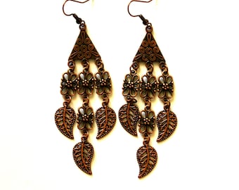 Copper Earrings, Boho Chandelier Earrings, Leaf Earrings, Gypsy Earrings, Ethnic Earrings, Tribal Earrings, Hippie Earrings, Antique Earring