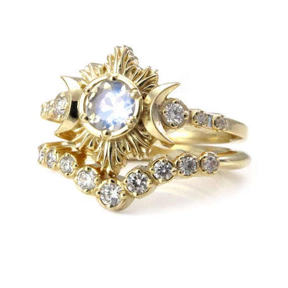 Moonstone and Diamond Engagement Ring Set - Celestial Lunar Ceremonial Jewelry