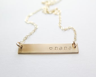 Mothers Day Nana Necklace - Gold Fill or Rose Gold Fill Bar Necklace - Hand Stamped Jewelry - Grandma or Granny - Betsy Farmer Designs