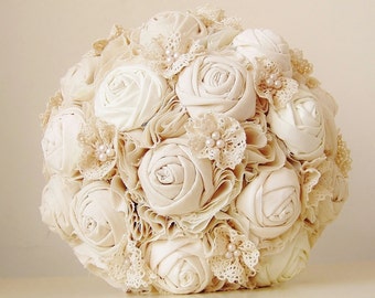 Fabric Bridal Bouquet, Cotton Flower Bouquet, Rosette, Vintage Wedding, Lace and Pearls - this is a 50% DEPOSIT ONLY