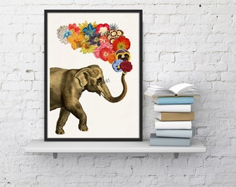 Elephant with Flowers Elephant Wall Art Giclee Print Elephant wall decor elephat and flowers art- A4 print- ANI091WA4