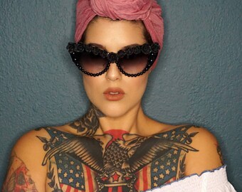 Oversized black flower and pearl cateye sunglasses