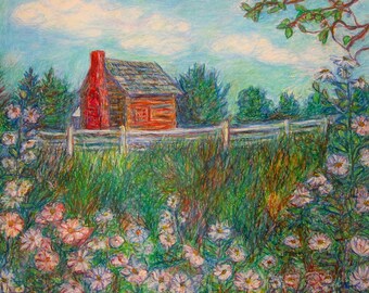 Blue Ridge Cabin Art 20x14 Impressionist Oil Pastel Painting by Award Winning Artist KENDALL KESSLER
