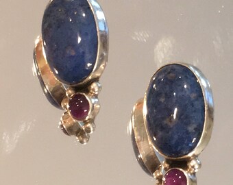 Sterling Silver, Lapis & Amethyst Earrings ~ Signed
