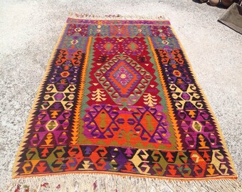 Colorful Kilim, Vintage Turkish rug, rugs, 61" x 101", bright colored area rug, vintage rug, bohemian rug, eccentric rug, rugs, purple, 479