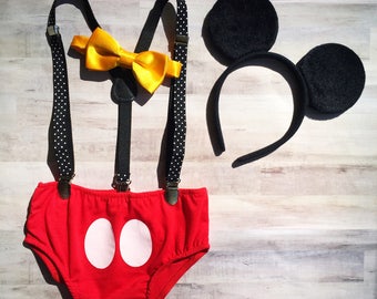 Mouse Cake Smash Outfit / Mouse Ears Smash Cake Set / Mouse Birthday Outfit Baby Boy / Mouse Suspenders Outfit