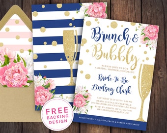 Brunch and bubbly, Bridal shower Invitation, bridal shower, bride to be, bridal shower invitation, printable invite, navy blush invitation