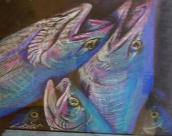 original art color pencil drawing tri fish blues wall decor matted to 11x14 SALE