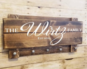 Family name sign, custom name sign, rustic key holder, stocking hanger, established date, stocking sign, custom key hanger, hook sign