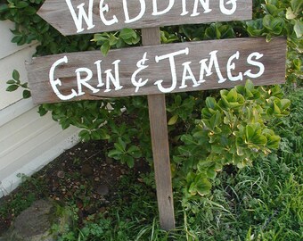 Rustic Wood Wedding Sign on Stake Reception Dinner and Dancing