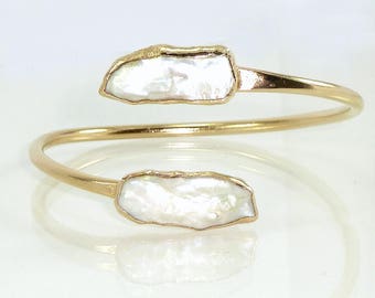Pearl Bangle, Pearl, Pearl Bracelet, Statement Gold Cuff, Adjustable Bracelet Cuff, Pearl Gold Cuff,Open Double Gemstone Bangle,Gold Bangle.