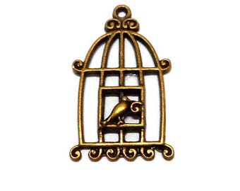 Bronze metal bird cage charm