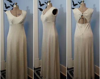 Beautiful Womens Vintage 1970s 1980s Silver Lurex Maxi Dress by Bari-Jay Modern Size Medium Retro White Witch Disco Glamour