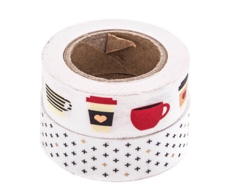 Coffee Time, Tea, Colorful Mugs, Gold Foil, Washi Tape Sample Lengths.