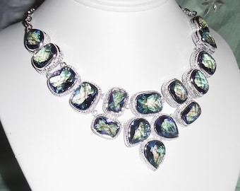 Natural Rainbow Topaz Quartz, SOLID Sterling Silver Necklace , 91 grams, 22" adjustable