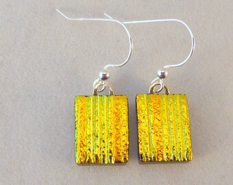 Yellow Gold Dichroic Fused Glass Dangle Earrings, Fused Glass, Fused Glass Earrings, Glass Earrings, Dichroic Earrings, Dichroic, Yellow