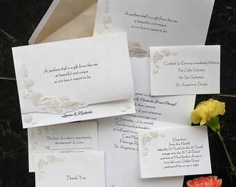 Romantic Shells Wedding Invitation Set - beach themed, destination, embossed shells, fan fold, pearl embossed - AV639