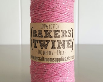 100mt roll PINK/SILVER Glitter Bakers Twine 100% cotton