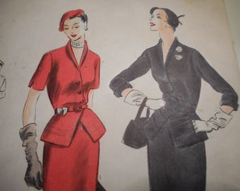 Vintage 1950's Vogue 7264 Two Piece Dress Sewing Pattern Size 14 Bust 32