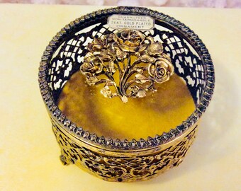 Vintage Jewelry Casket Ormolu Floral Rose is Gold Filigree and Beveled Glass Prong Set Footed