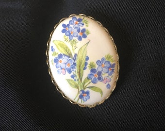 Vintage Blue Violets Porcelain Brooch, Blue Flowers Porcelain Brooch Pin 1.25" x 1.75"