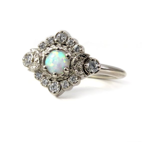 Lab Opal Moon Halo Engagement Ring - White Diamonds in 14k Palladium White Gold
