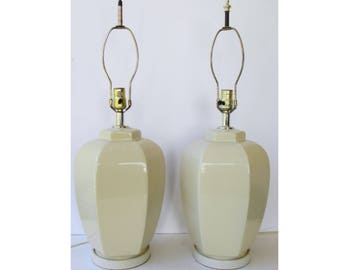 Pair Vintage Off White Cream Ceramic Lamps - Large Table Lamps -