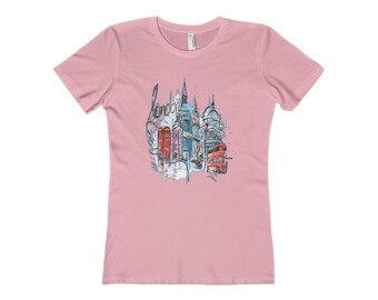 London Streets Women's T Shirt Classic Fit Tee Double Decker Bus Big Ben Phone Booth Tower Bridge Travel Vacation Gift For Her England