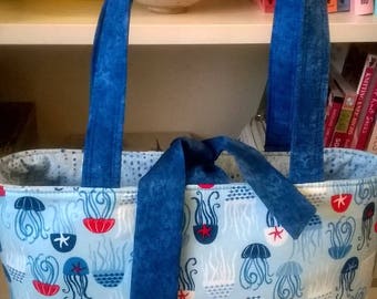 Handcrafted, red white and blue octopus 8 handbag, knitting bag, purse