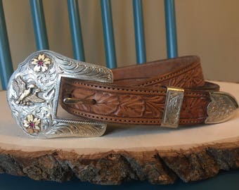 Vintage Sterling Silver Western Belt Buckle Set with Gold Ducks and Rubies/Garnets and Hand-Stamped Leather Belt FREE US SHIPPING