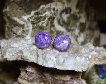 Natural Charoite 10mm Round Stud Type Earrings Earings Titanium Hypo Allergenic Handmade in Newfoundland Rich