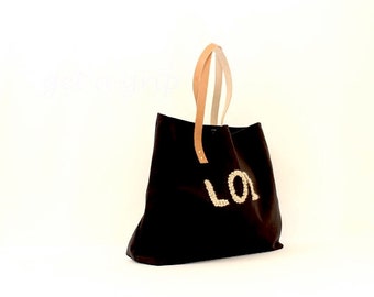 Canvas Tote..."LOL" BLACK tote bag with PERSONALIZED leather label