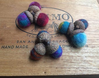 Triple Topped Felted Acorns, Needle Felted & Wet Felted. Multi-Colored