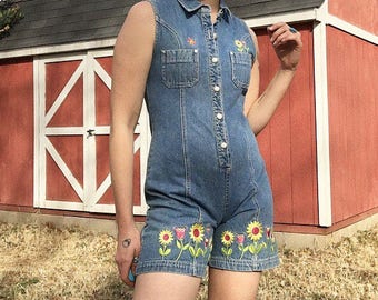 Floral Denim Romper Vintage 90's Playsuit Size M