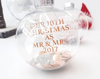Anniversary Christmas gift · Personalised bauble · 10th anniversary gift · Floating writing · Foil writing · Scatter gems inside bauble