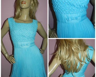 Vintage 60s AQUA Blue Bow front Dolly Mod Gogo MINI dress 8 Xs 1960s Kitsch Accordion pleats