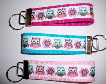 Cute Pink Blue Owls Key fob / Key chain / Luggage tag