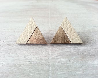 Gold leather earrings Gold stud earrings Triangle earrings Gift under 20