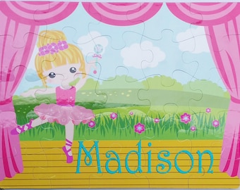 Ballerina Personalized Puzzle 25 pc. Custom , 11"x14" Bright colors, pink dancer, tutu, toe shoes, stage, dancing recital gift