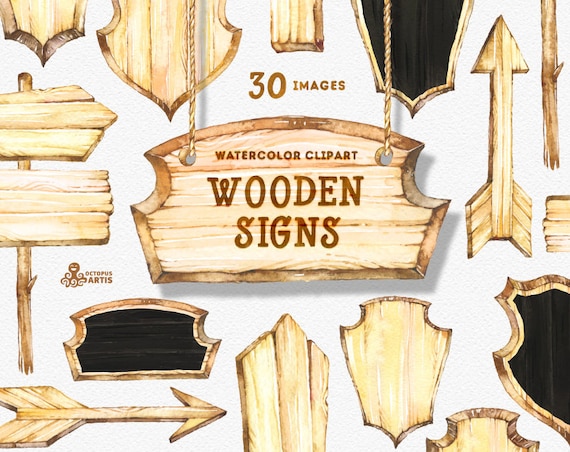 Wooden Signs. Watercolor Clipart wood planks signboards