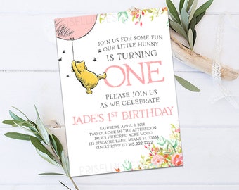 Classic Winnie the Pooh Birthday Invitation, Winnie the Pooh Birthday Invitation, Floral Girl Winnie the Pooh Birthday Invitation Party