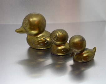 Vintage Brass Duck with Two Baby Ducklings