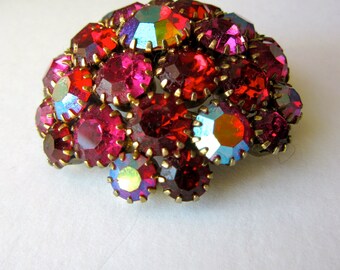 Iridescent Rhinestone Brooch - Round - Red - Rhinestone Pin - Colorful Rhinestones - 50s - 60s