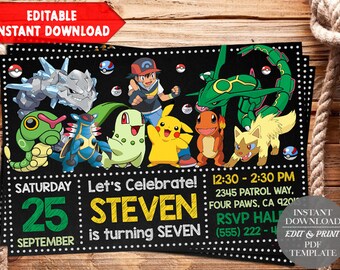 INSTANT DOWNLOAD-Pokemon Invitation, Pokemon Birthday Invitation, Pokemon Invites, Pokemon Thank You Tags, Pokemon Editable Invitation