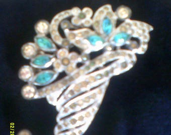 Vintage Rhinestone Cornucopia Brooch Pin, Aqua Rhinestone Brooch, Horn o Plenty Pin, Aquamarine Rhinestones