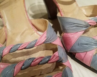 Vintage 1930's pink and blue peep toe shoe.