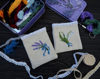 Embroidered sachet lavender and Lily of the valley, Sachet Bags, Cross stitch embroidery home decor, Wardrobe sachet pouch, Sachet favors