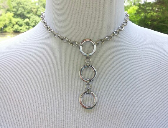 24/7 Wear Discreet Symbolic O Ring Day Collar Necklace, BDSM Submissive Slave Collar, DDLG, Stainless Steel Large Link Chain with 3 Rings