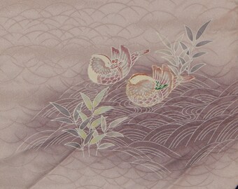 Women's Lavender Silk Houmongi Kimono - Paired Ducks, Symbol of Marital Bliss (WHPL4 JS 121016 AK)