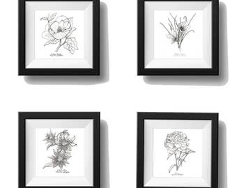 Flower Print Set, Mix and Match, Botanical Print Set, Any 4 Botanical Prints, Wall Decor, Floral Print, Botanical Wall Art, Black and White,